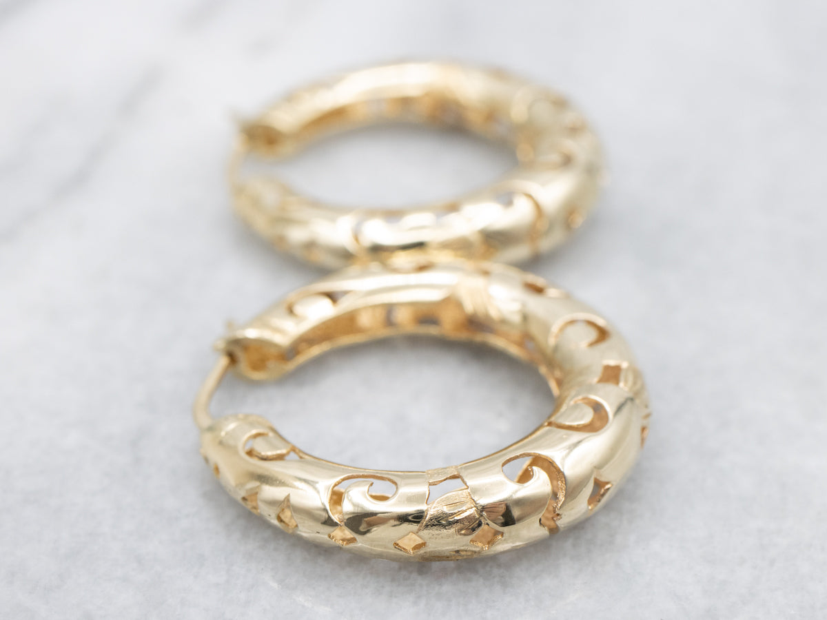 Scrolling Gold Pierced Hoop Earrings