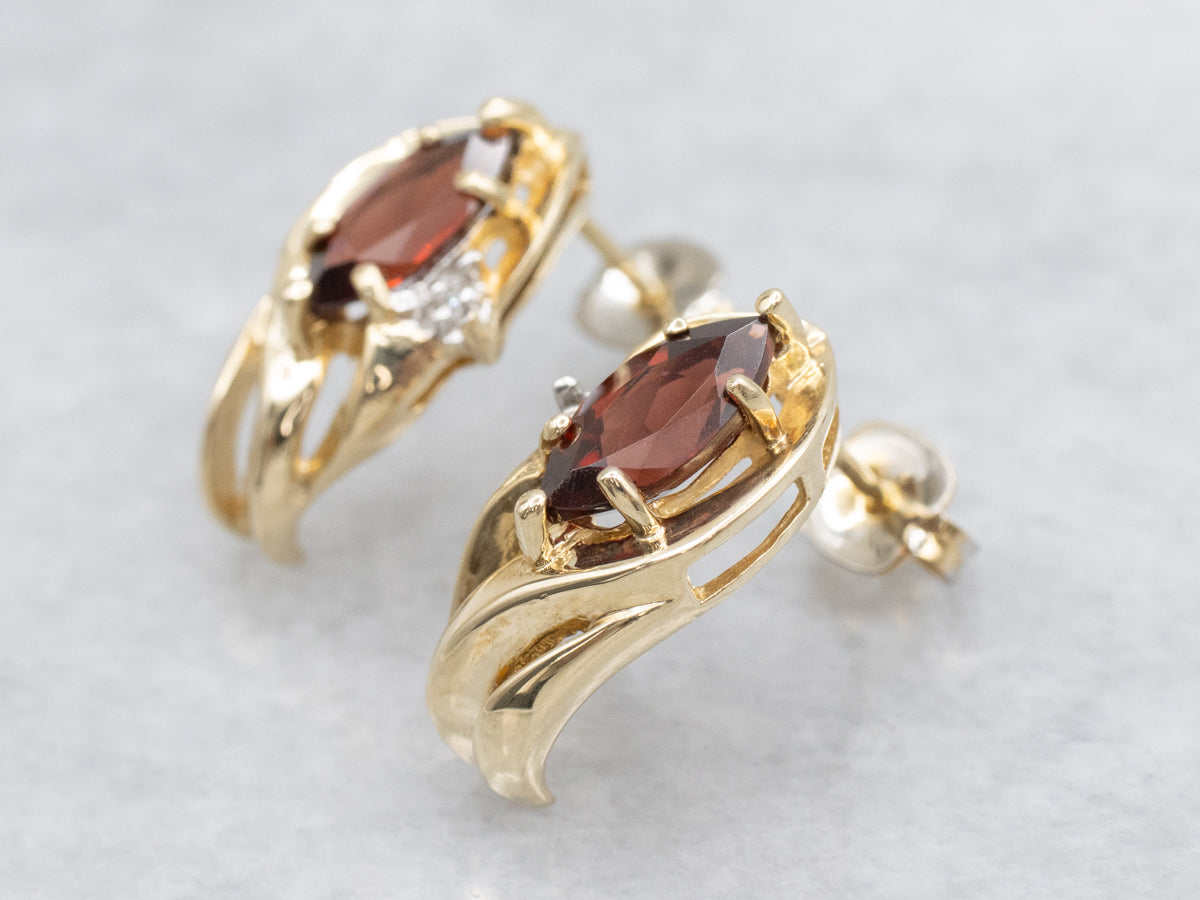 Marquis Garnet Diamond and Gold Stud Earrings