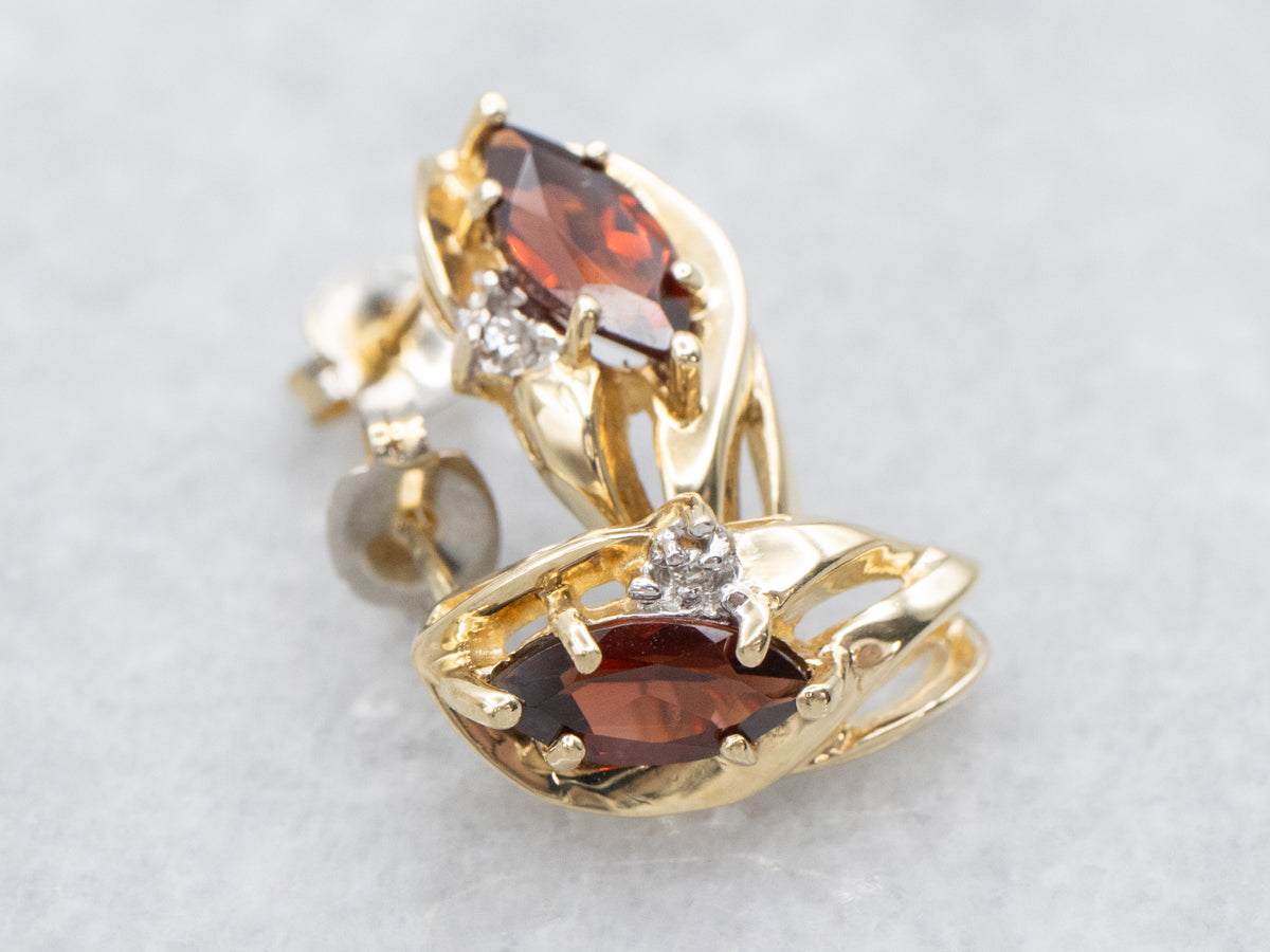 Marquis Garnet Diamond and Gold Stud Earrings