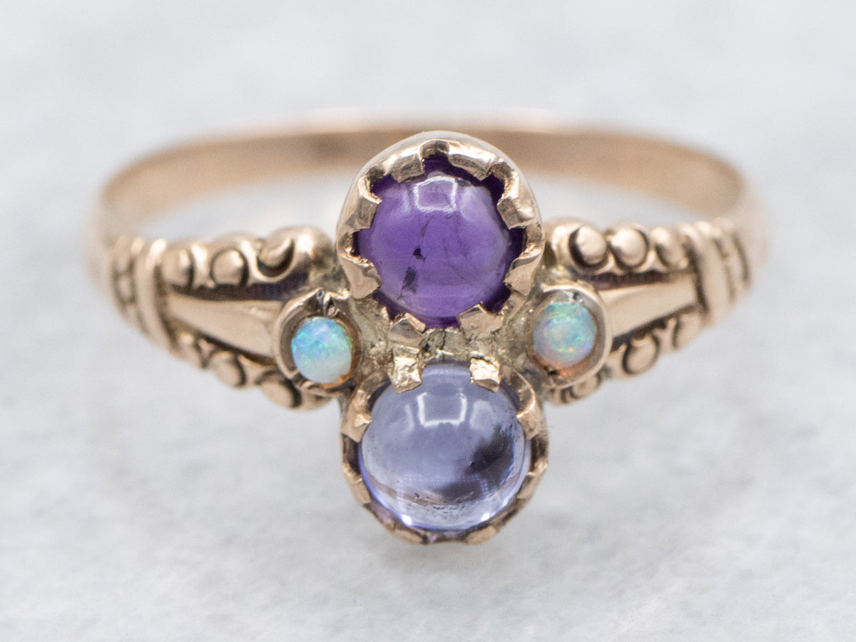 Iolite Amethyst and Opal Rose Gold Victorian Ring