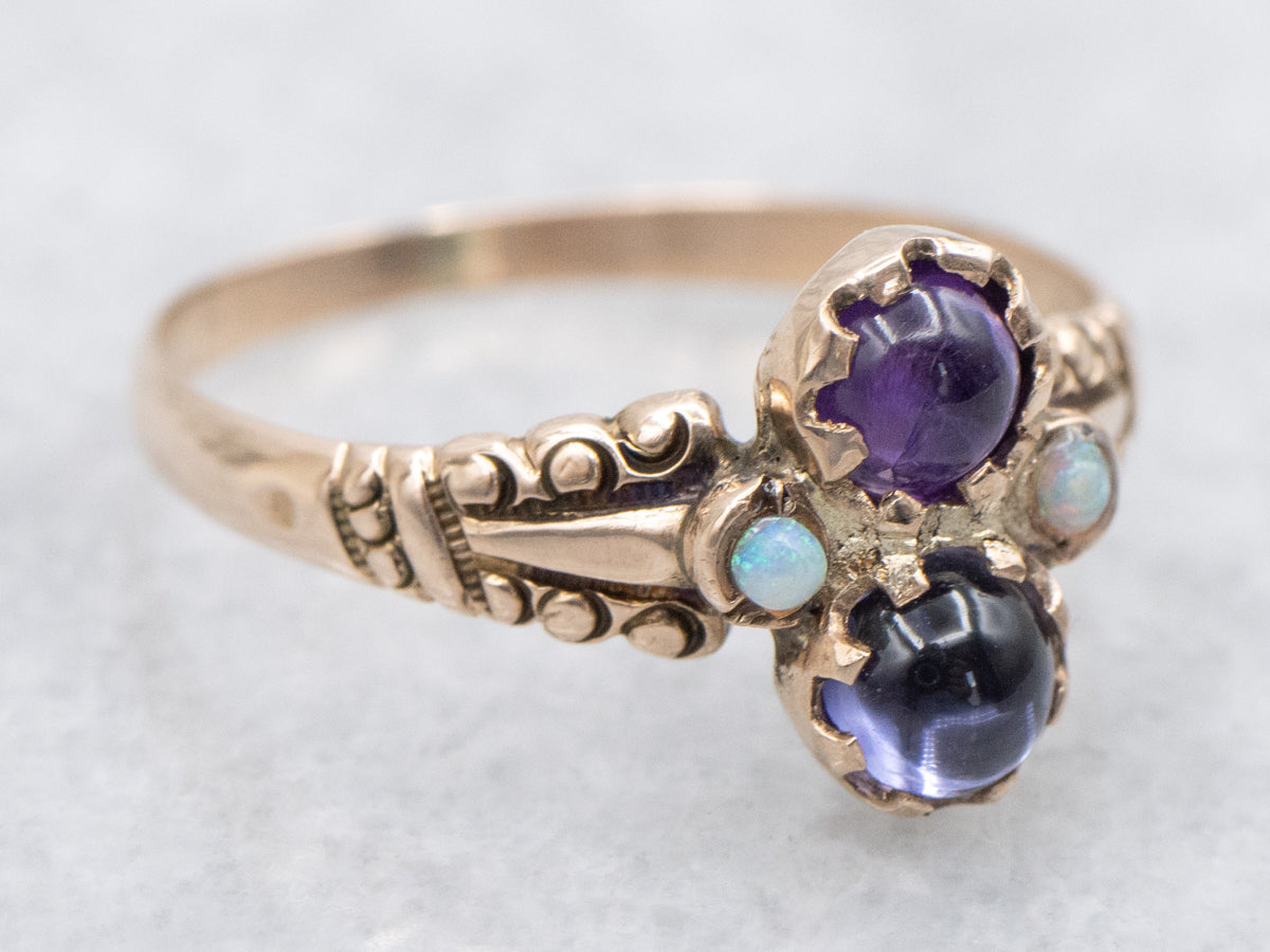 Iolite Amethyst and Opal Rose Gold Victorian Ring
