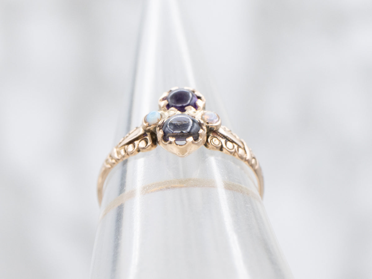 Iolite Amethyst and Opal Rose Gold Victorian Ring