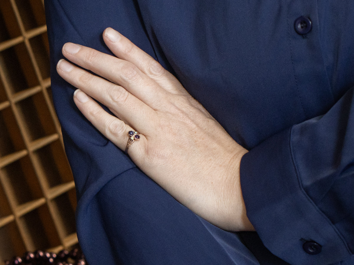 Iolite Amethyst and Opal Rose Gold Victorian Ring