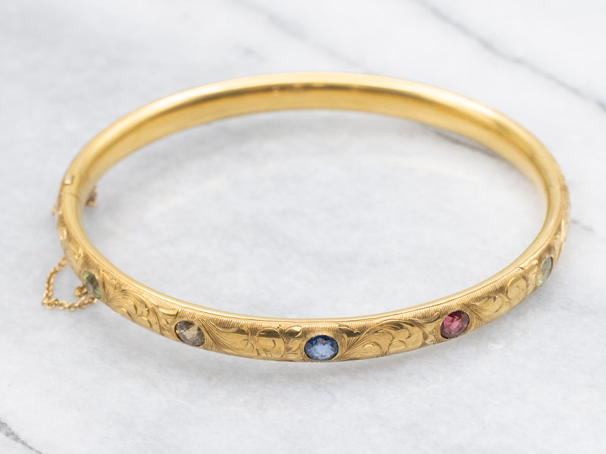 Antique Bloomed Gold Multi Gemstone Engraved Bangle