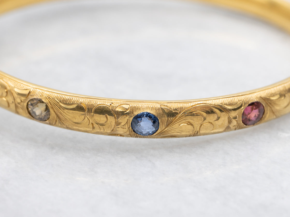 Antique Bloomed Gold Multi Gemstone Engraved Bangle