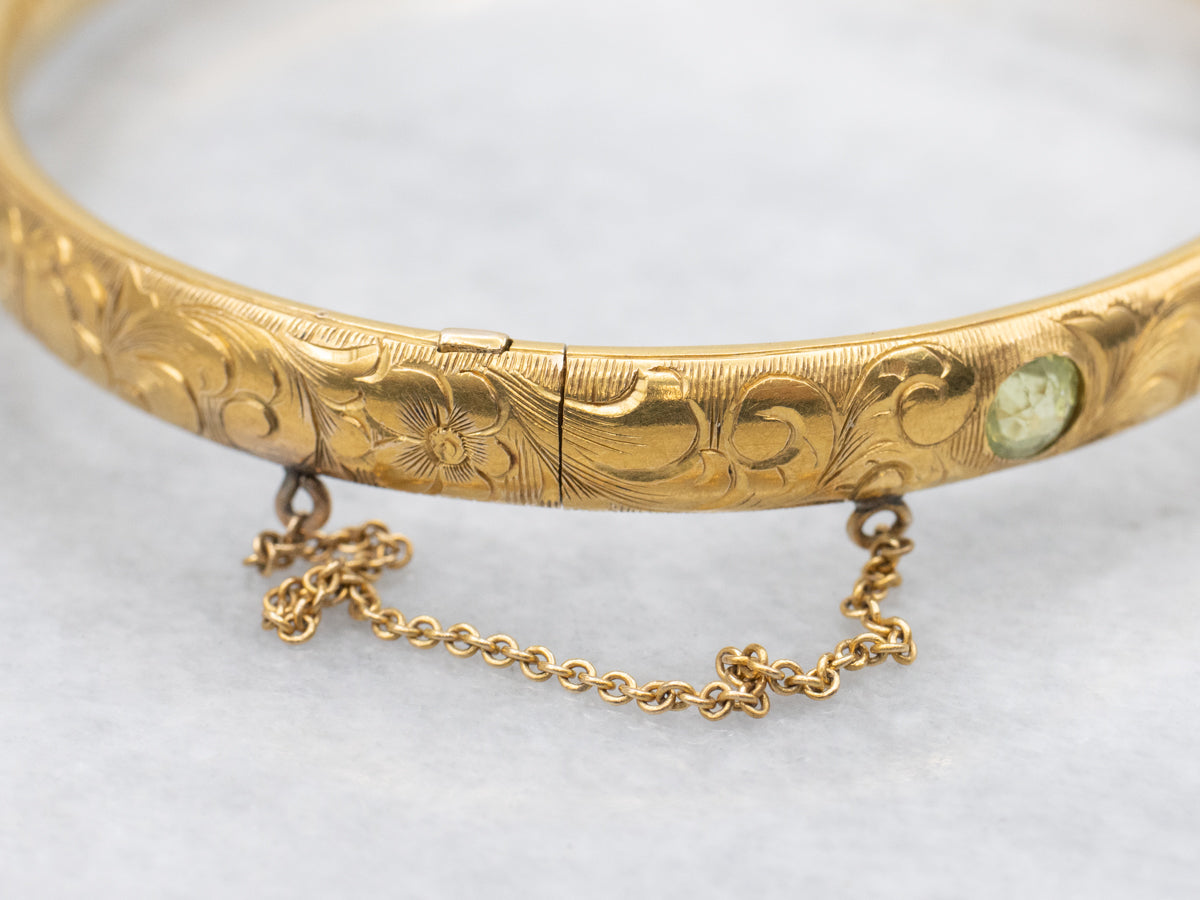 Antique Bloomed Gold Multi Gemstone Engraved Bangle