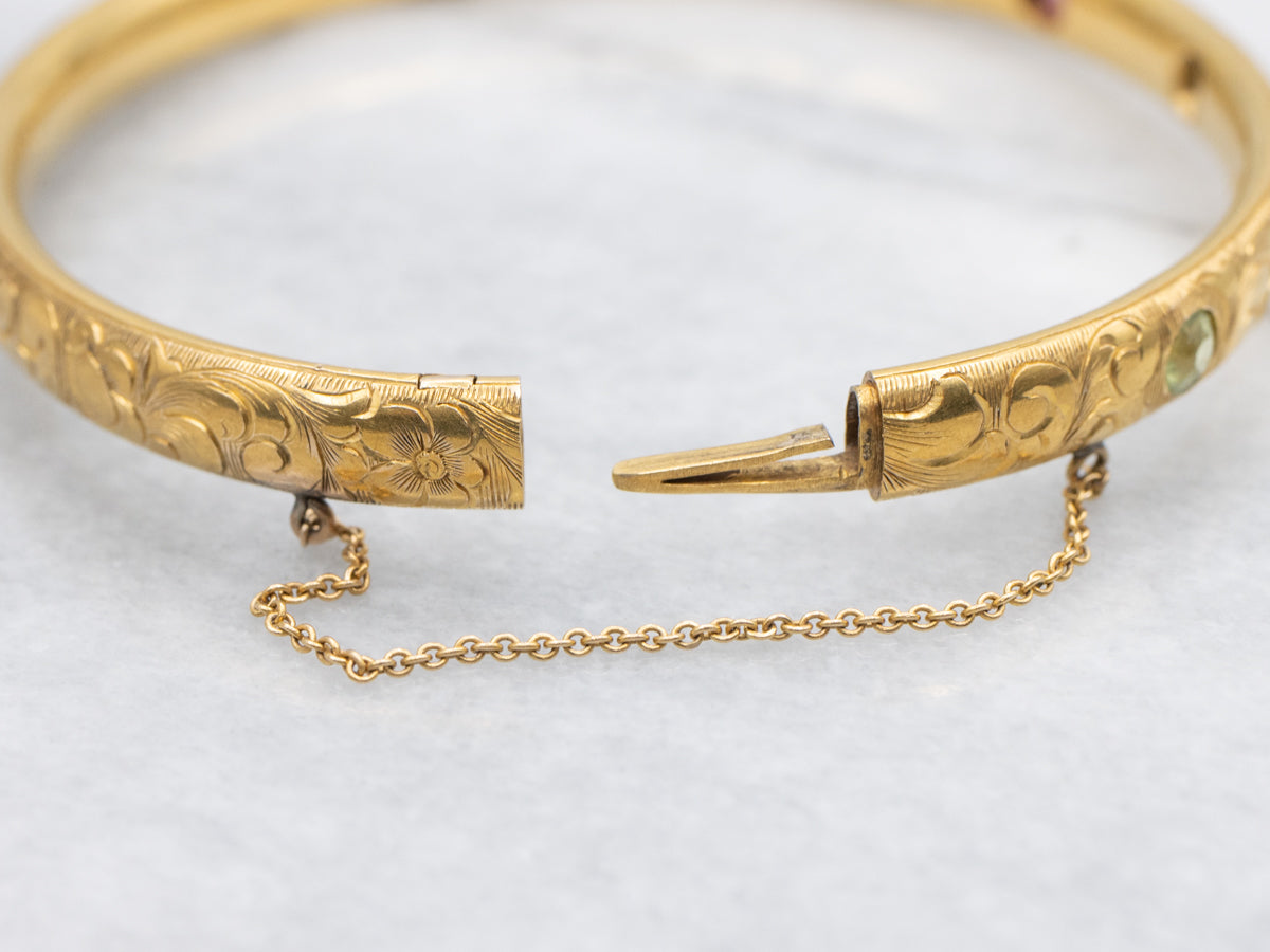Antique Bloomed Gold Multi Gemstone Engraved Bangle
