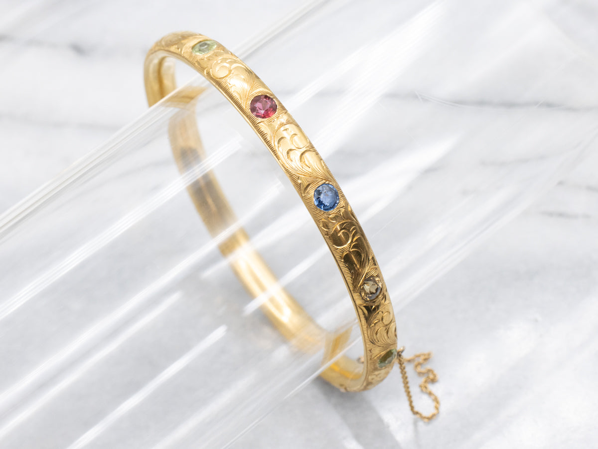 Antique Bloomed Gold Multi Gemstone Engraved Bangle