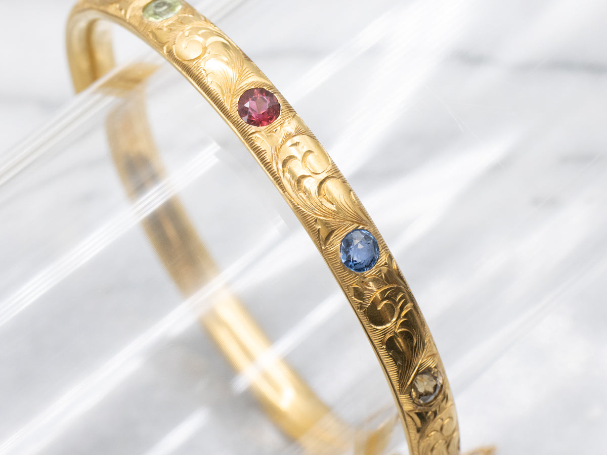 Antique Bloomed Gold Multi Gemstone Engraved Bangle