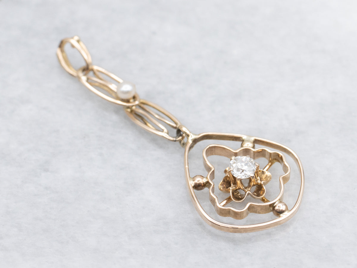 Old Mine Cut Diamond and Seed Pearl Lavalier Drop Pendant