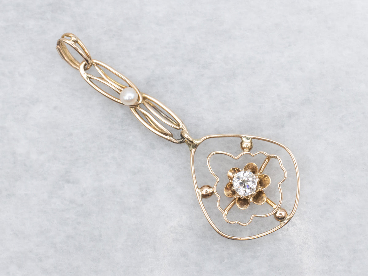 Old Mine Cut Diamond and Seed Pearl Lavalier Drop Pendant