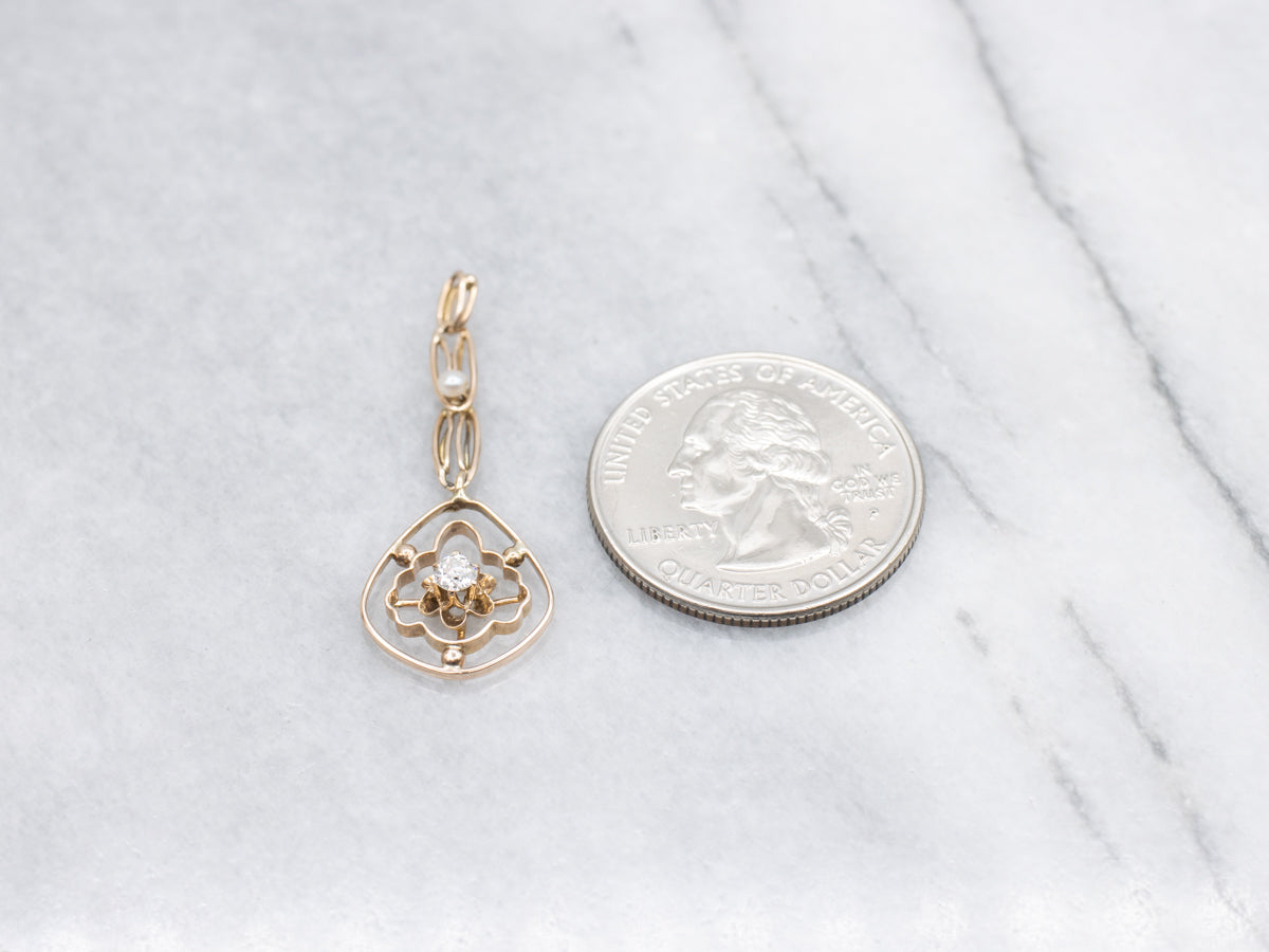 Old Mine Cut Diamond and Seed Pearl Lavalier Drop Pendant