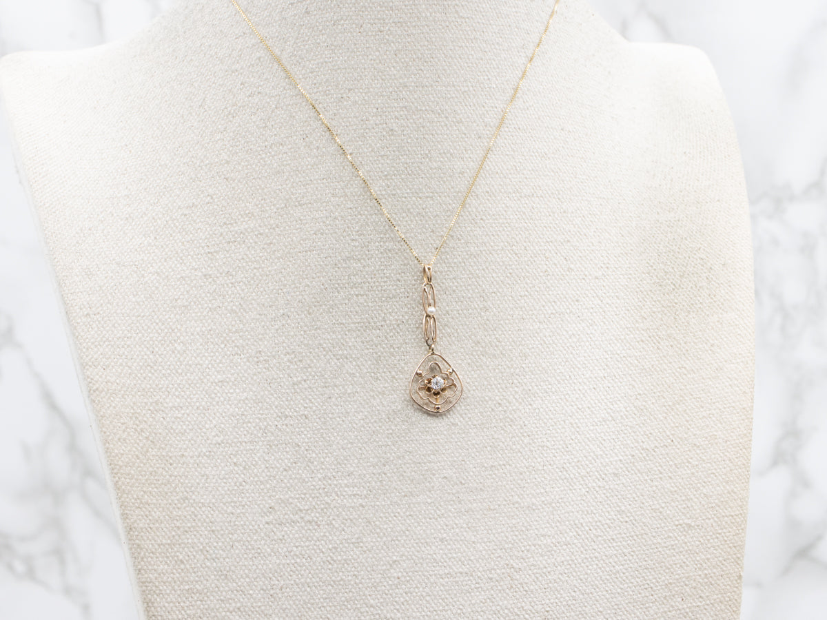 Old Mine Cut Diamond and Seed Pearl Lavalier Drop Pendant