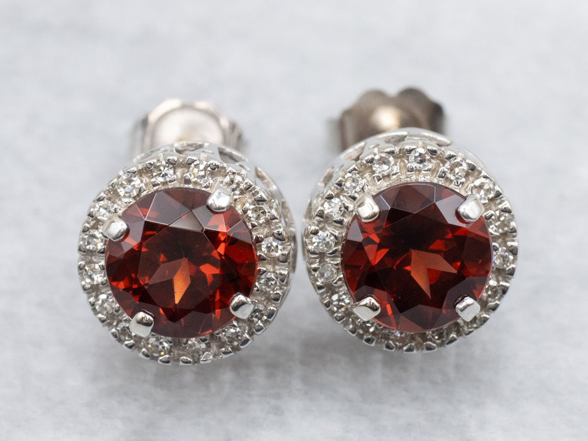 Brilliant Garnet and Diamond Halo Stud Earrings