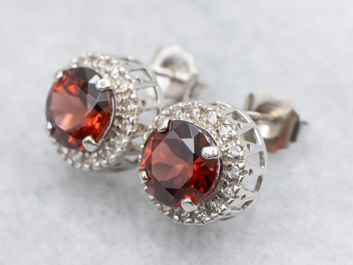 Brilliant Garnet and Diamond Halo Stud Earrings