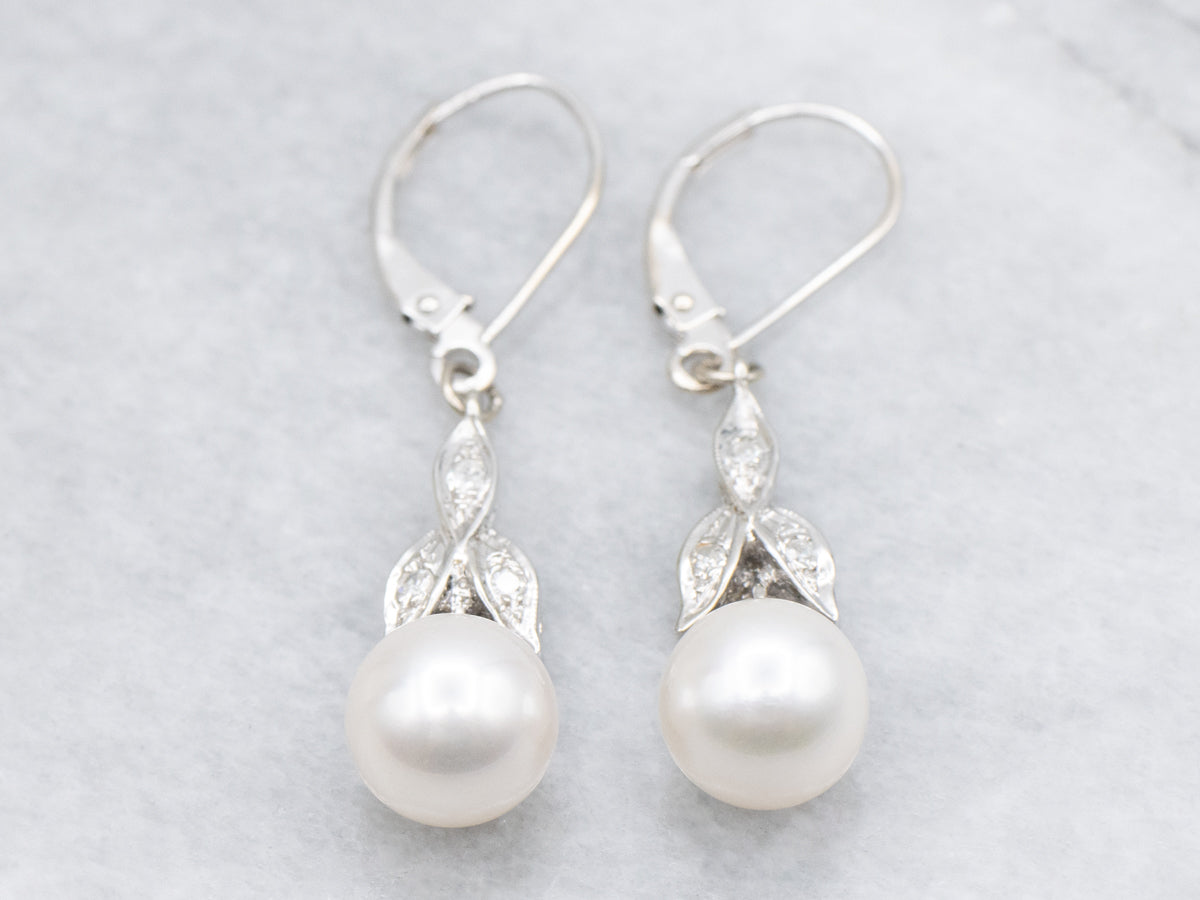 Pearl and Diamond White Gold Drop Earrings