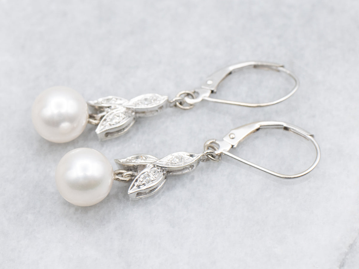 Pearl and Diamond White Gold Drop Earrings