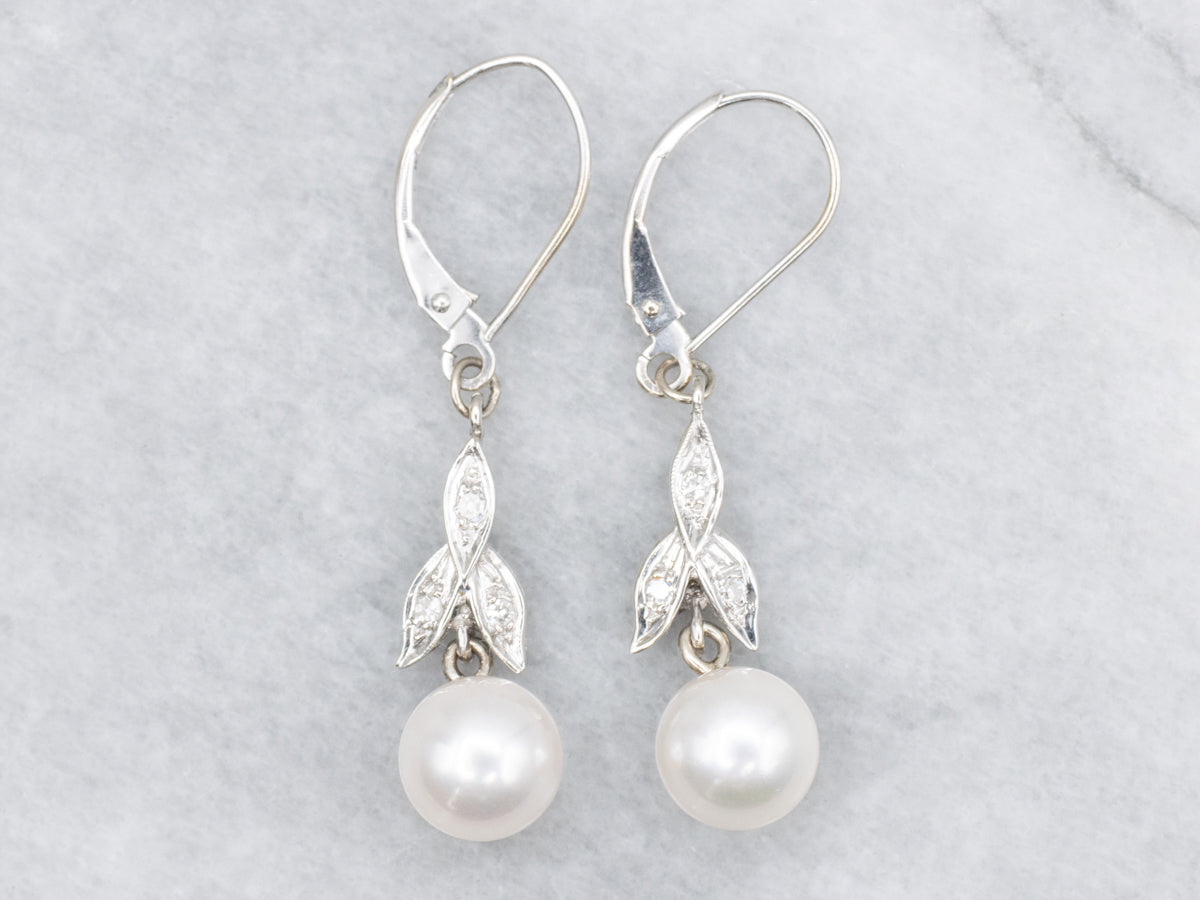 Pearl and Diamond White Gold Drop Earrings