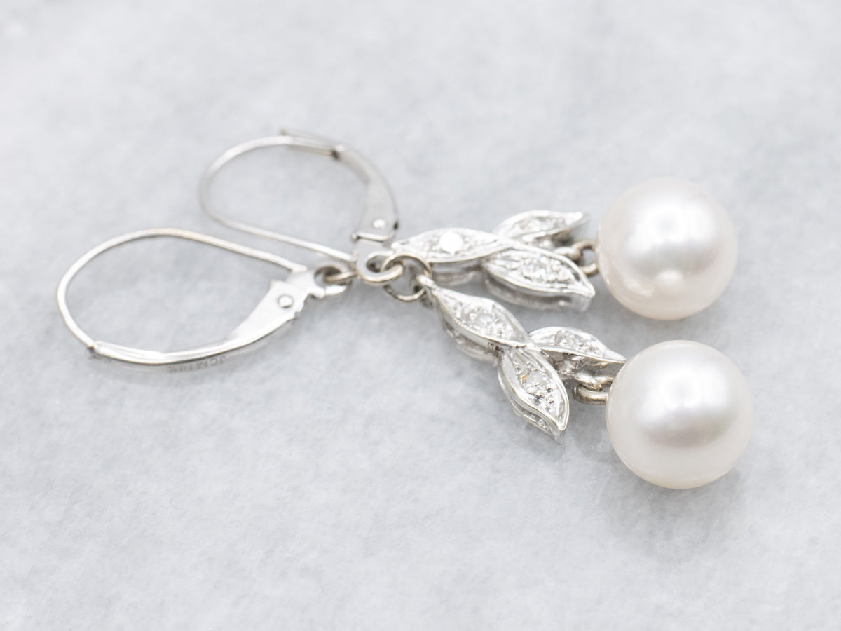 Pearl and Diamond White Gold Drop Earrings