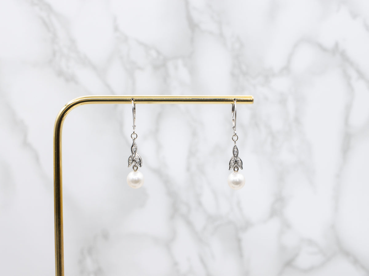 Pearl and Diamond White Gold Drop Earrings