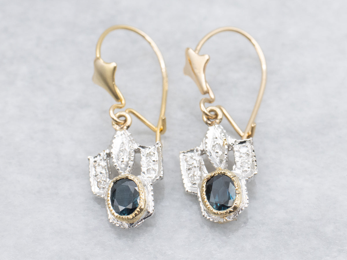 Bezel Set Sapphire Two Tone Diamond Drop Earrings