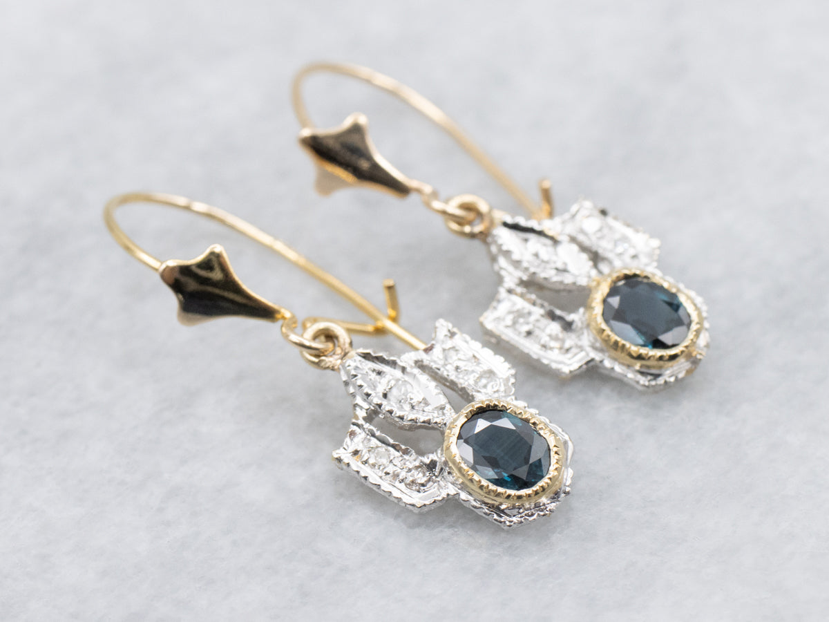 Bezel Set Sapphire Two Tone Diamond Drop Earrings