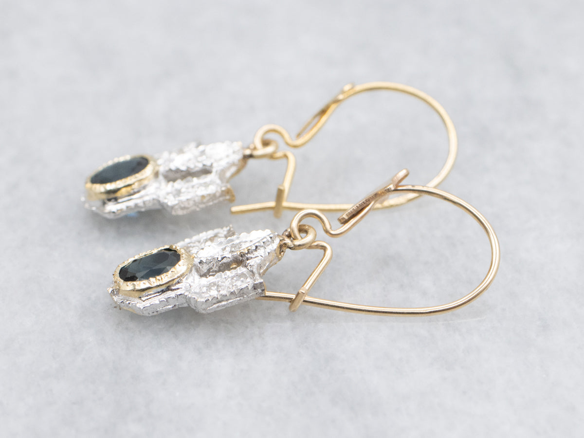 Bezel Set Sapphire Two Tone Diamond Drop Earrings