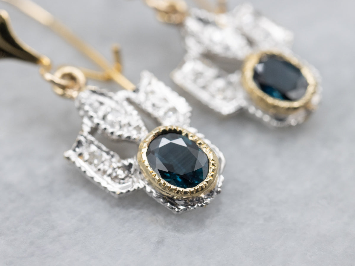 Bezel Set Sapphire Two Tone Diamond Drop Earrings