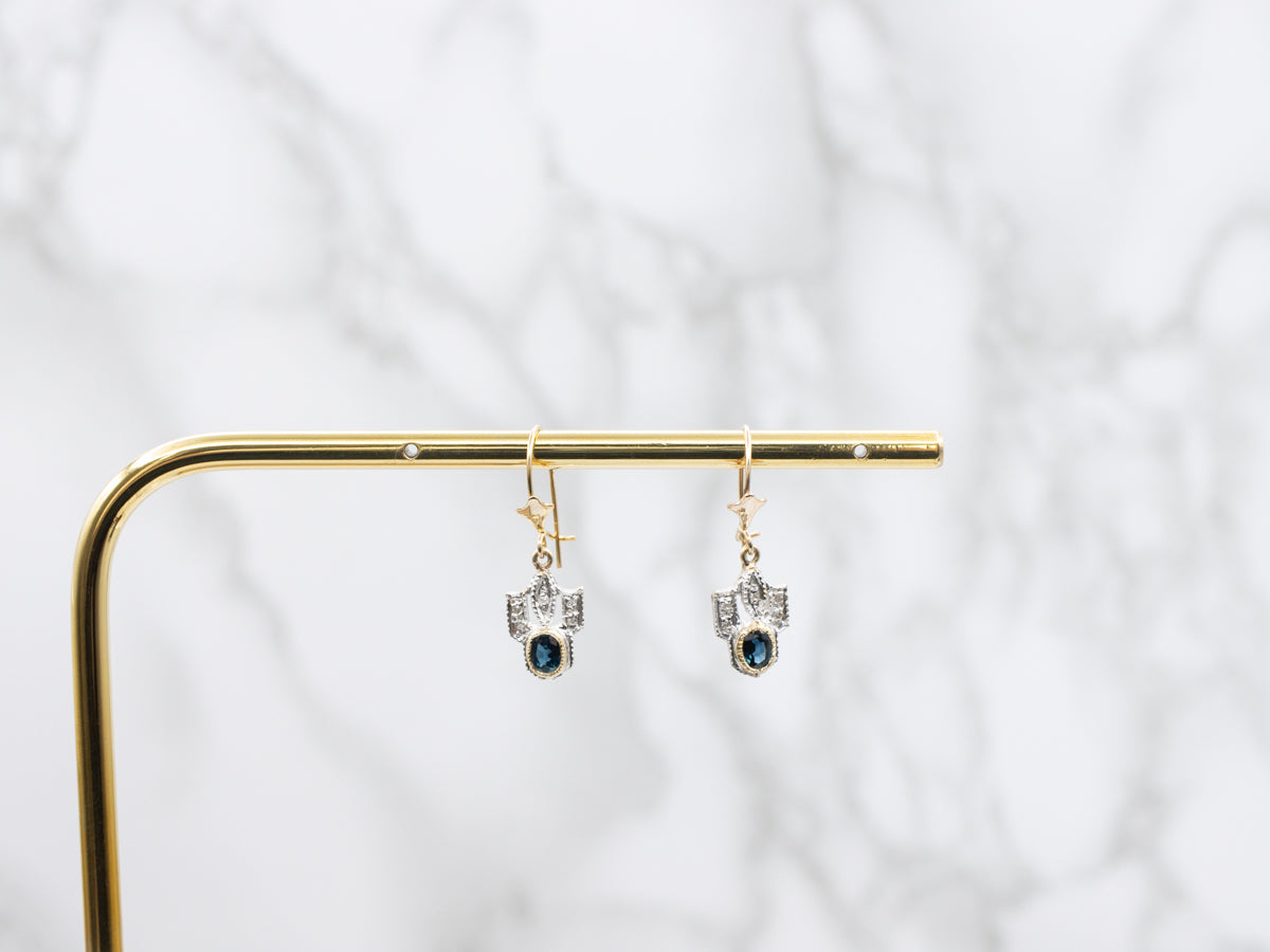 Bezel Set Sapphire Two Tone Diamond Drop Earrings