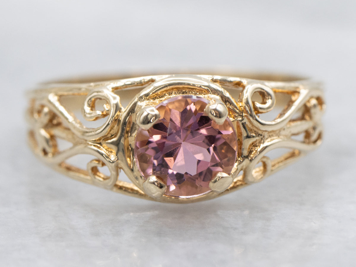 Sweet Pink Tourmaline Scrolling Gold Solitaire Ring