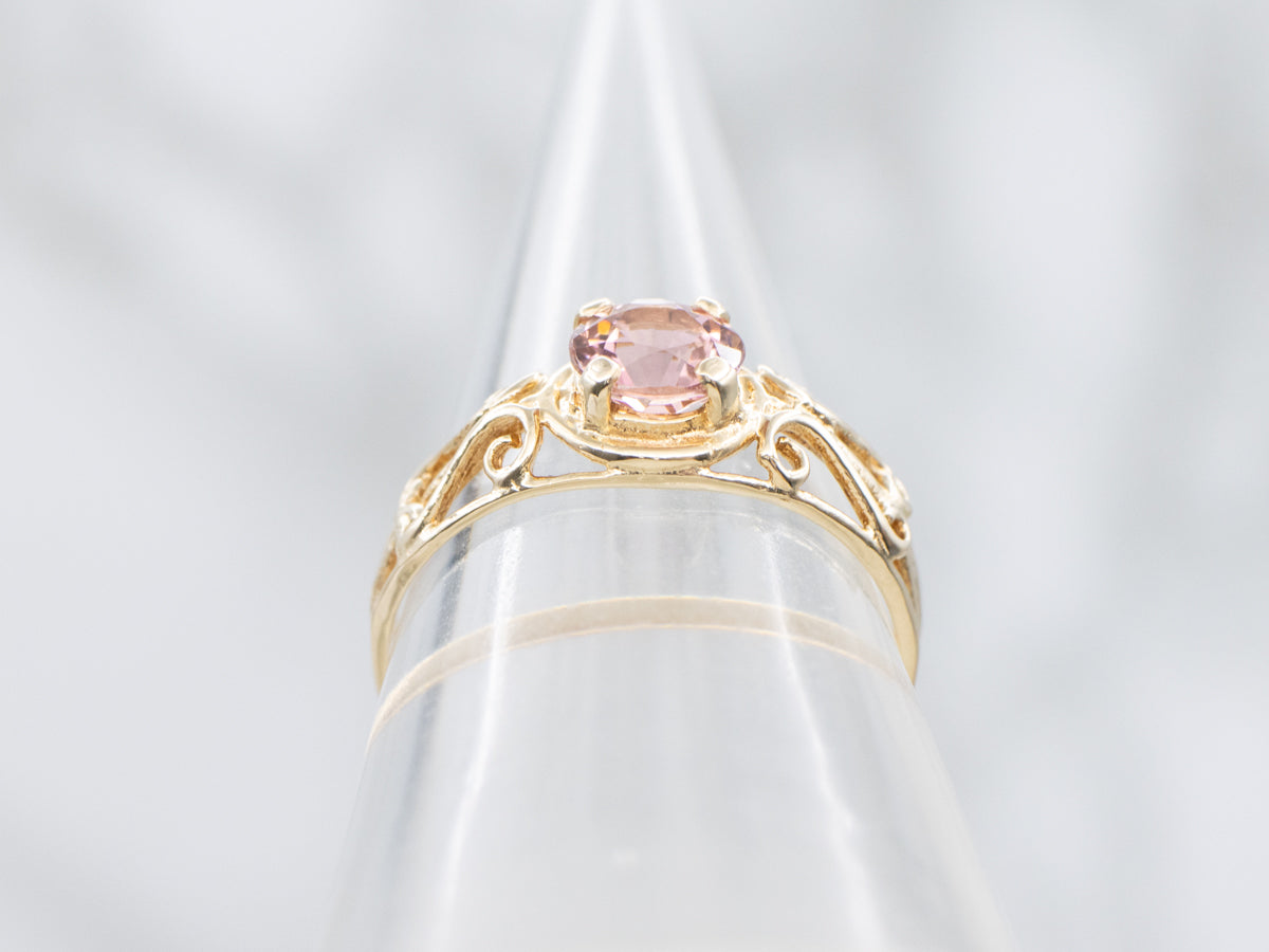 Sweet Pink Tourmaline Scrolling Gold Solitaire Ring