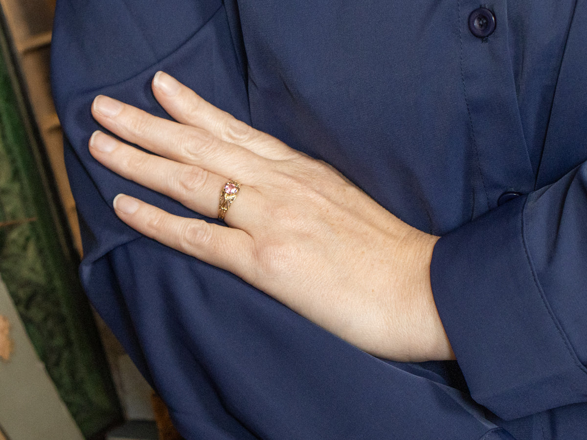 Sweet Pink Tourmaline Scrolling Gold Solitaire Ring