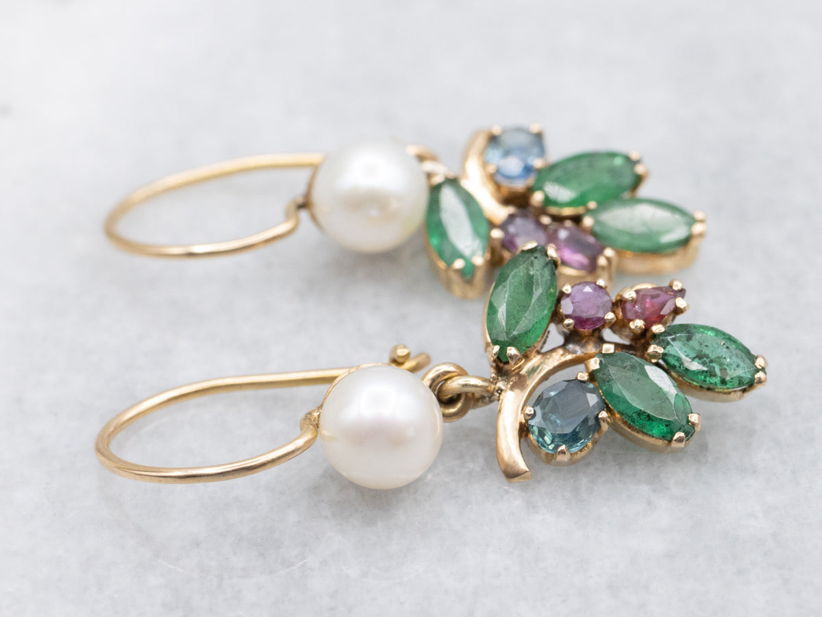 Multi Gemstone Ruby Sapphire Emerald and Pearl Drop Earrings