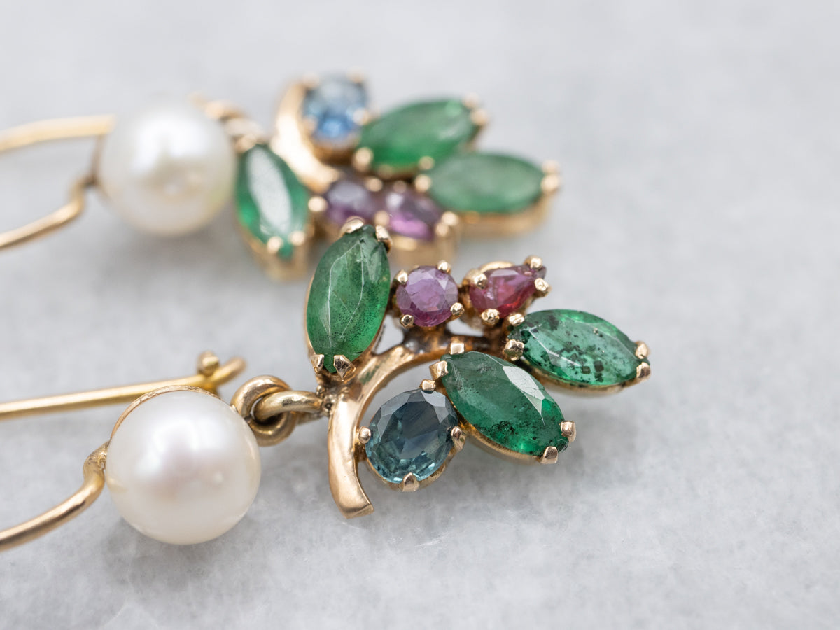 Multi Gemstone Ruby Sapphire Emerald and Pearl Drop Earrings