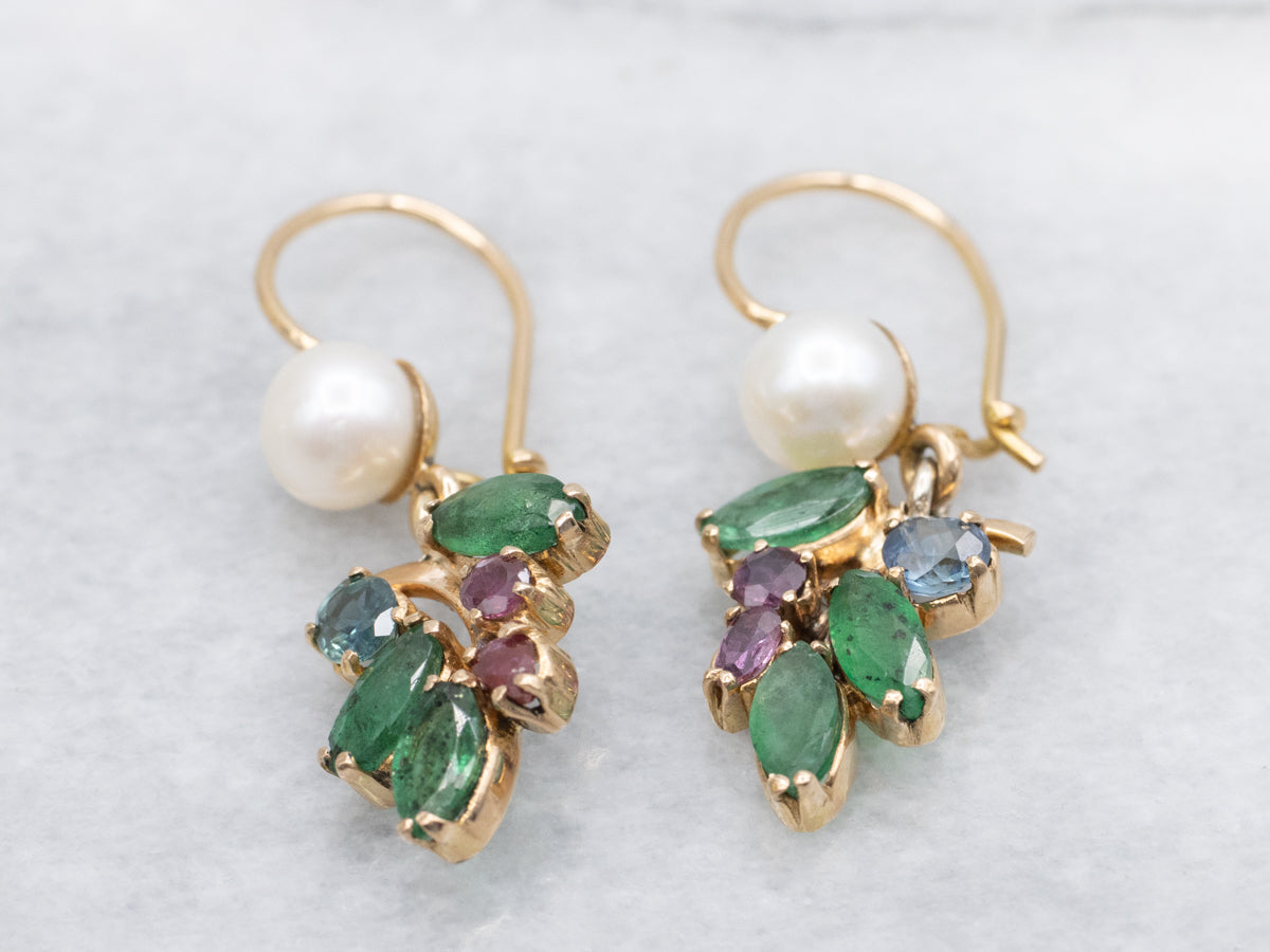 Multi Gemstone Ruby Sapphire Emerald and Pearl Drop Earrings