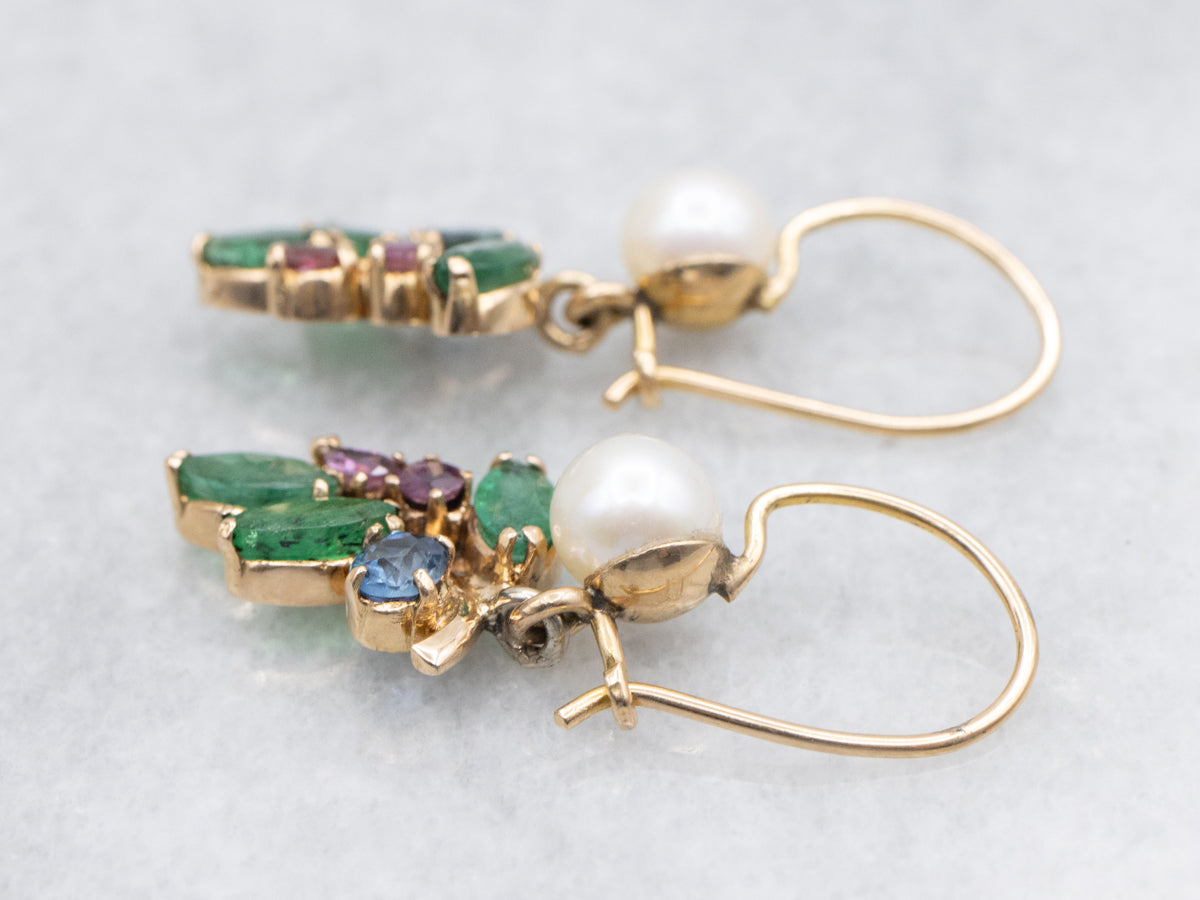 Multi Gemstone Ruby Sapphire Emerald and Pearl Drop Earrings