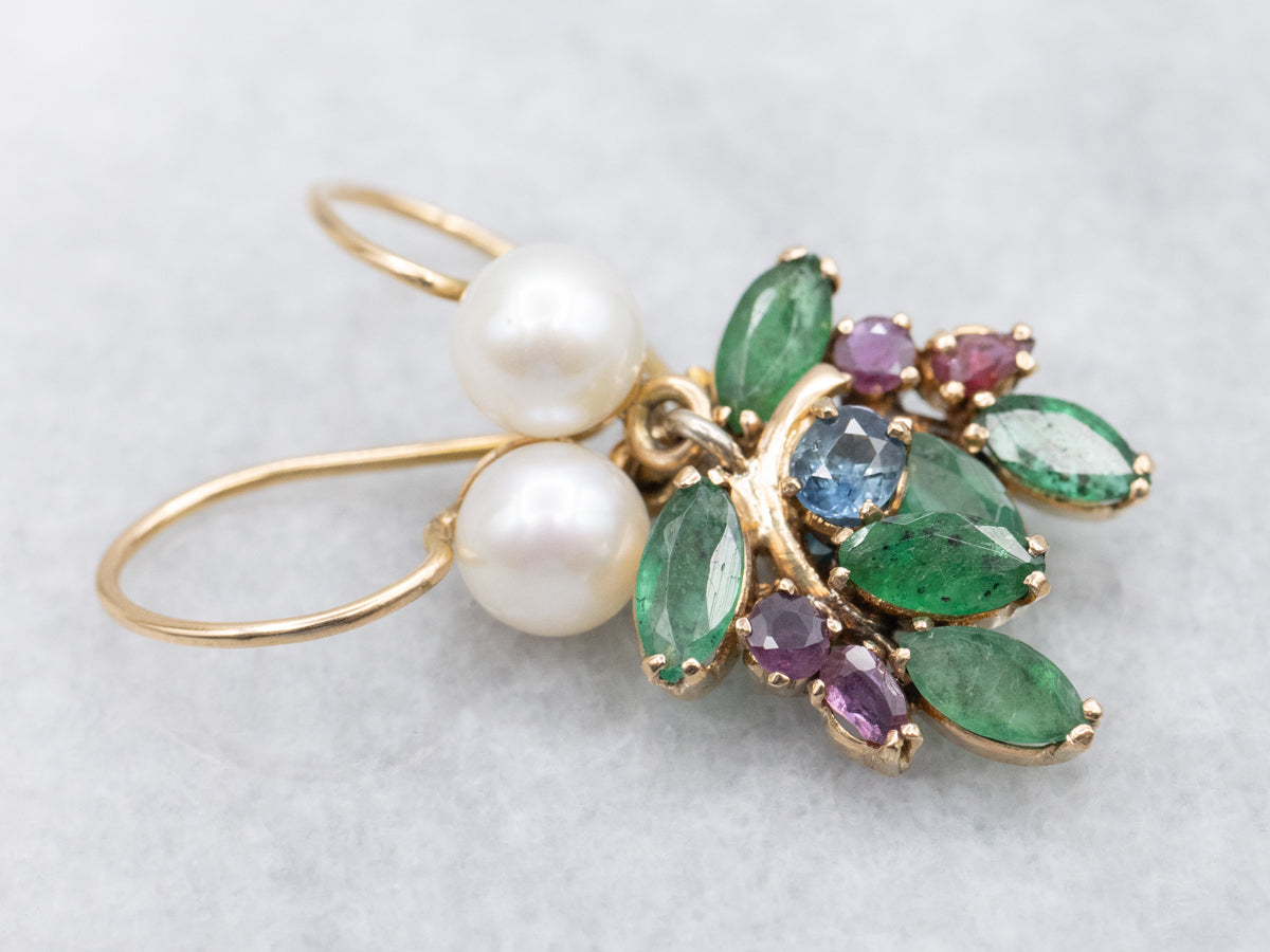 Multi Gemstone Ruby Sapphire Emerald and Pearl Drop Earrings