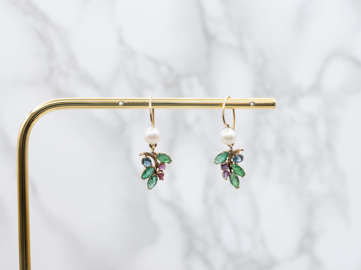 Multi Gemstone Ruby Sapphire Emerald and Pearl Drop Earrings
