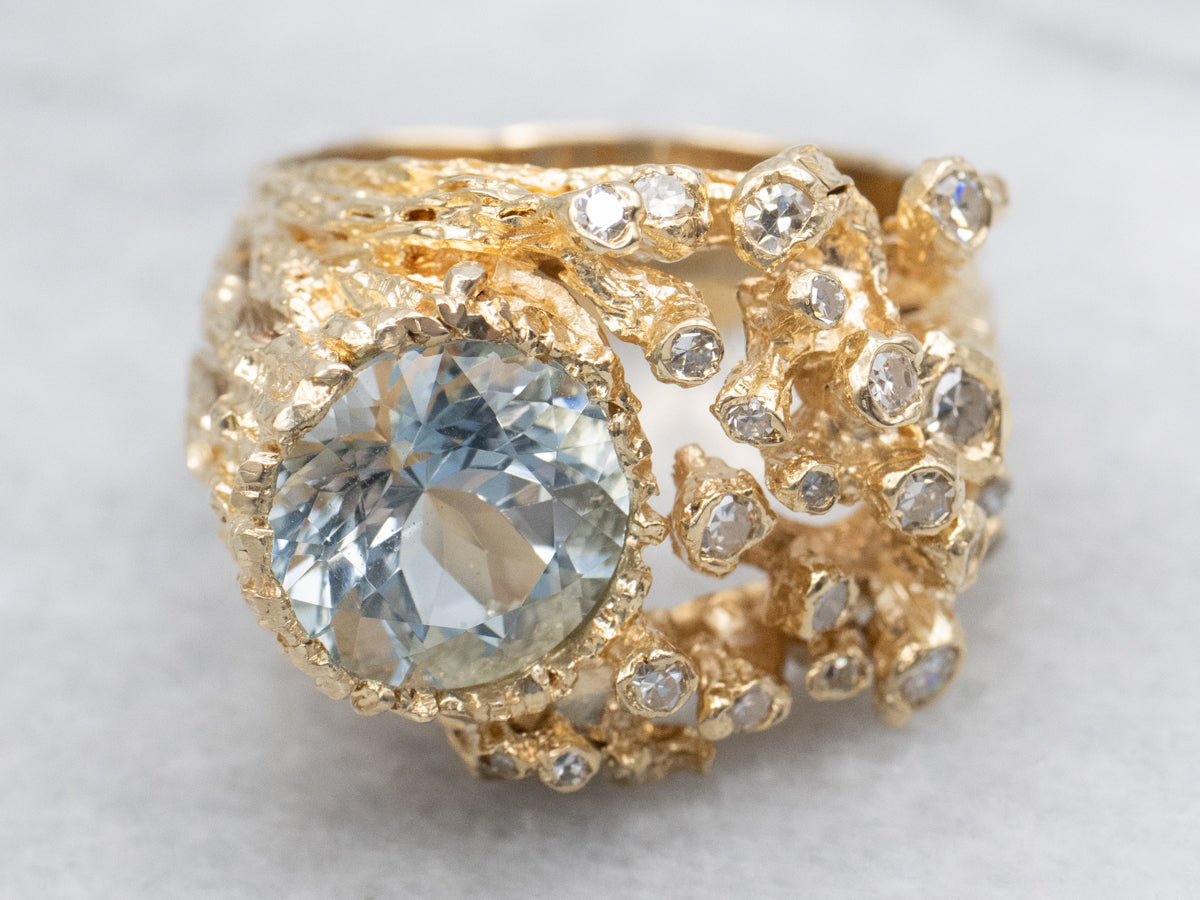 Aquamarine and Diamond and Gold Cocktail Ring