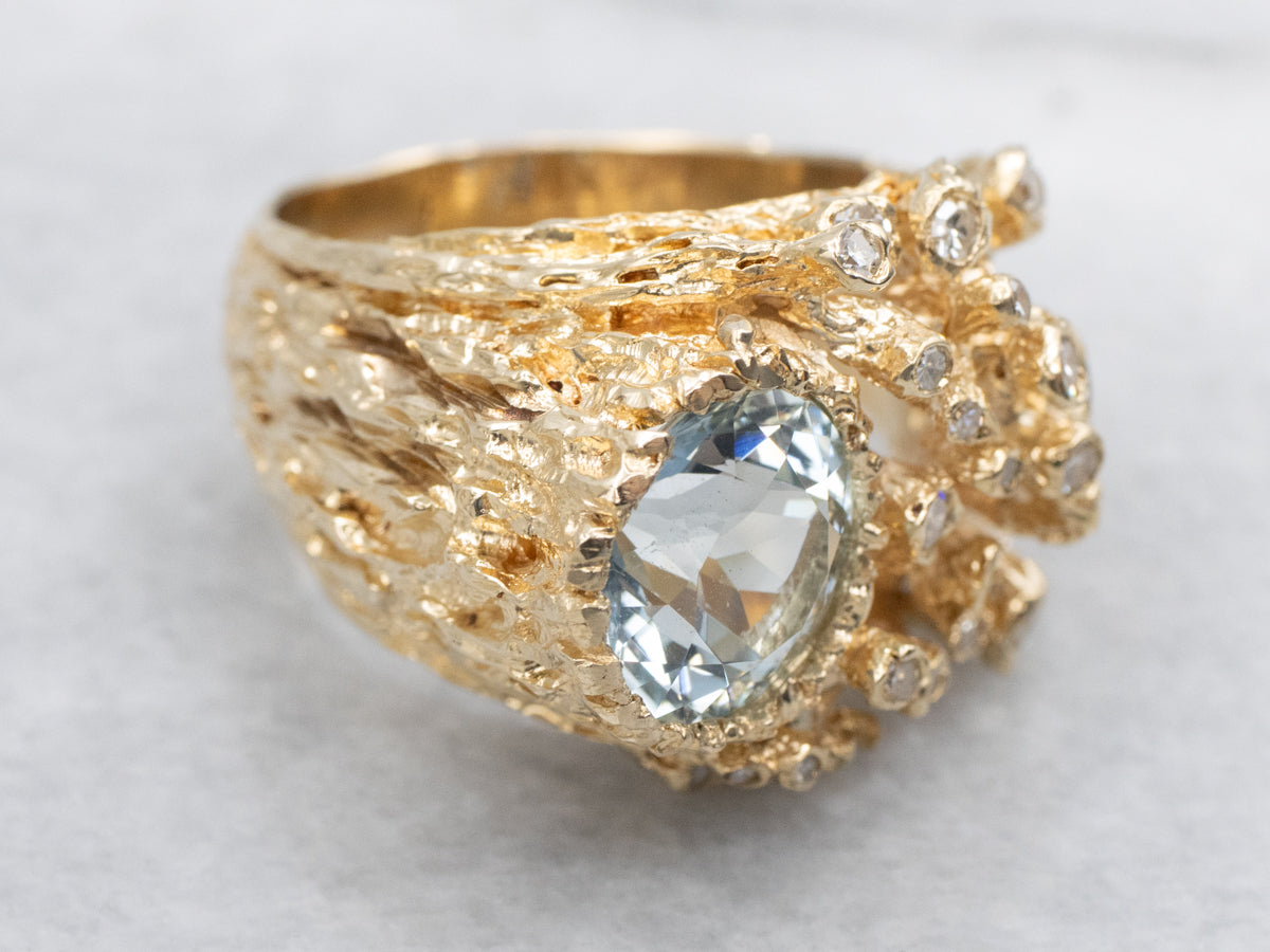 Aquamarine and Diamond and Gold Cocktail Ring