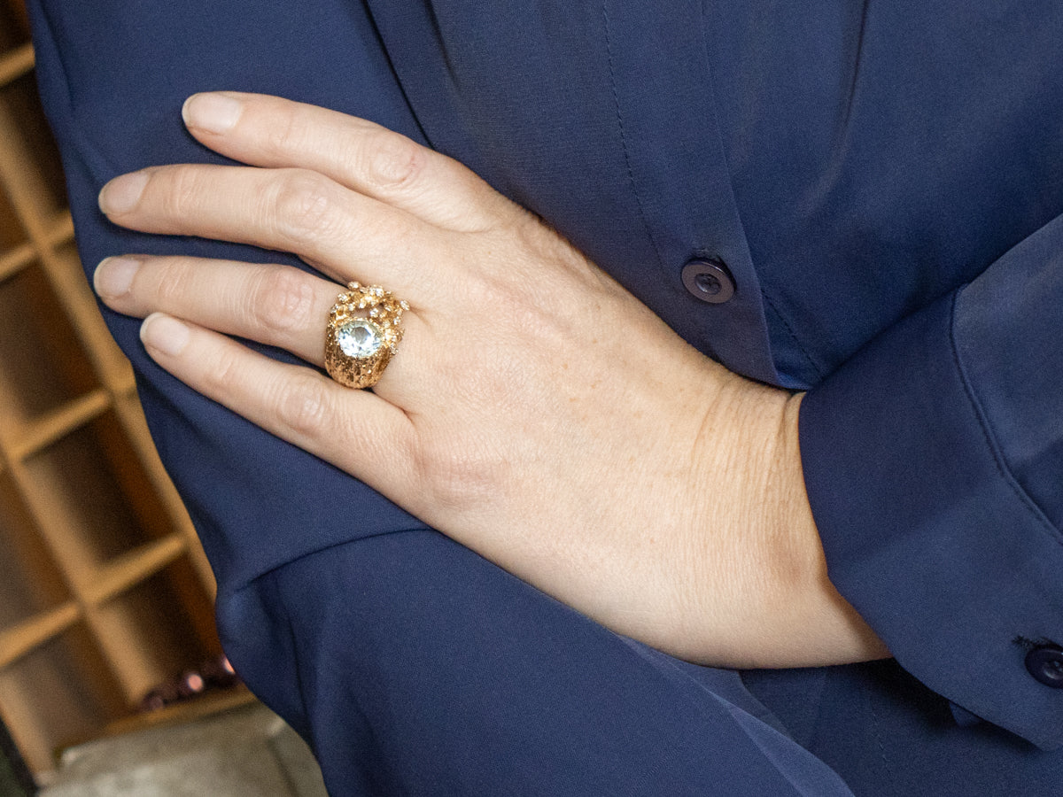 Aquamarine and Diamond and Gold Cocktail Ring