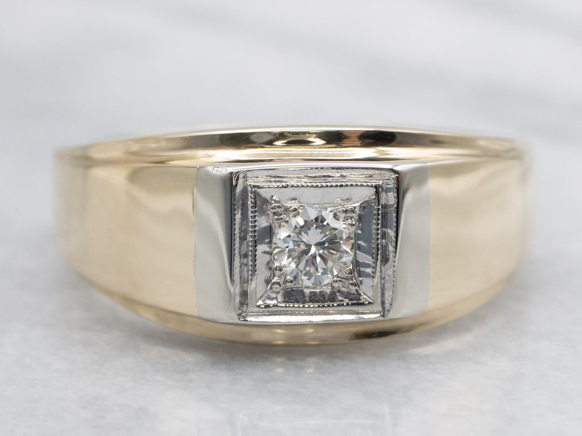 Men's Retro Two-Tone Gold Diamond Solitaire Ring