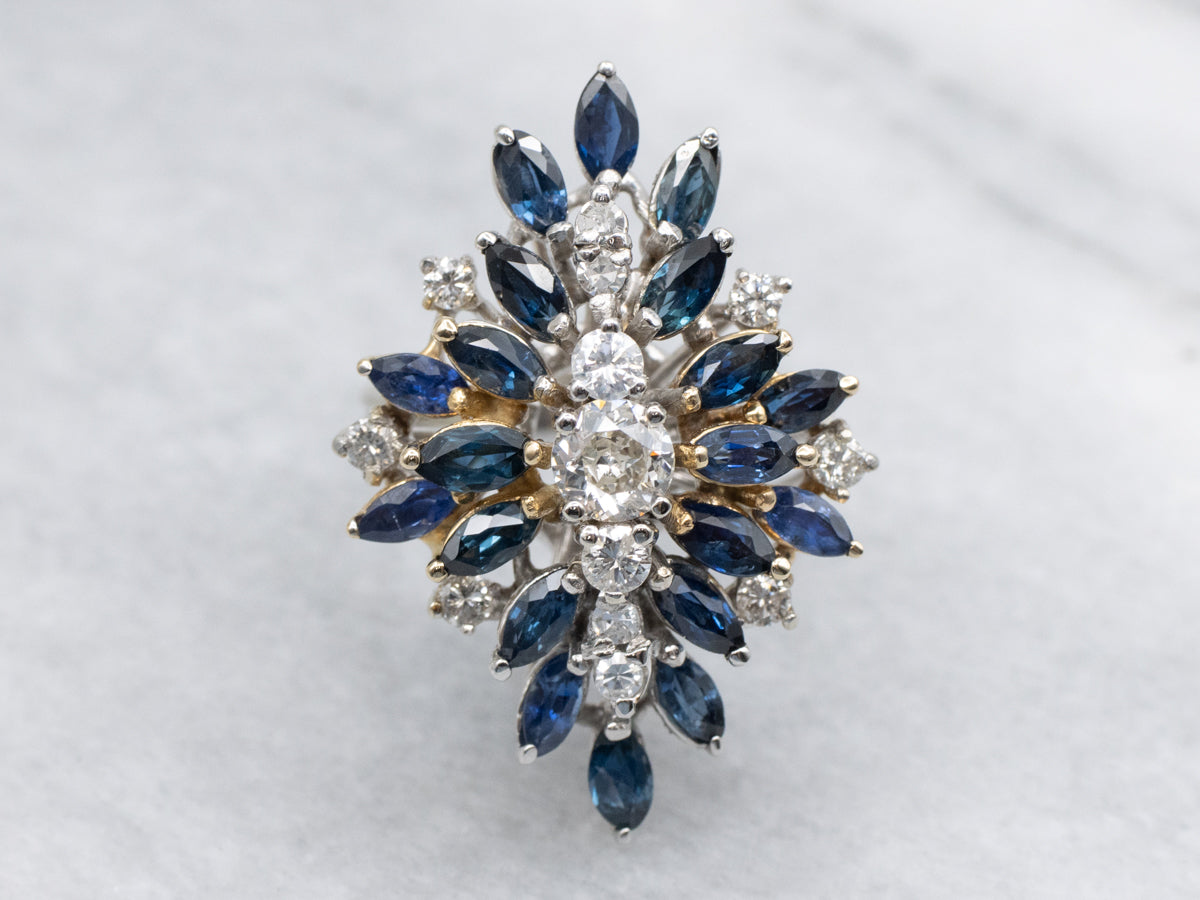 Vintage Old Mine Cut Diamond and Sapphire Cluster Cocktail Ring