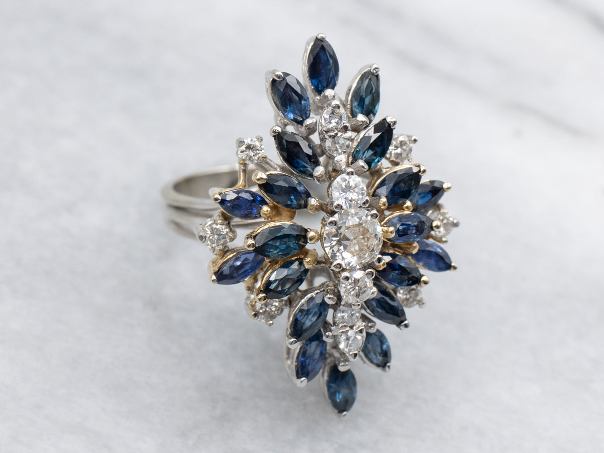 Vintage Old Mine Cut Diamond and Sapphire Cluster Cocktail Ring