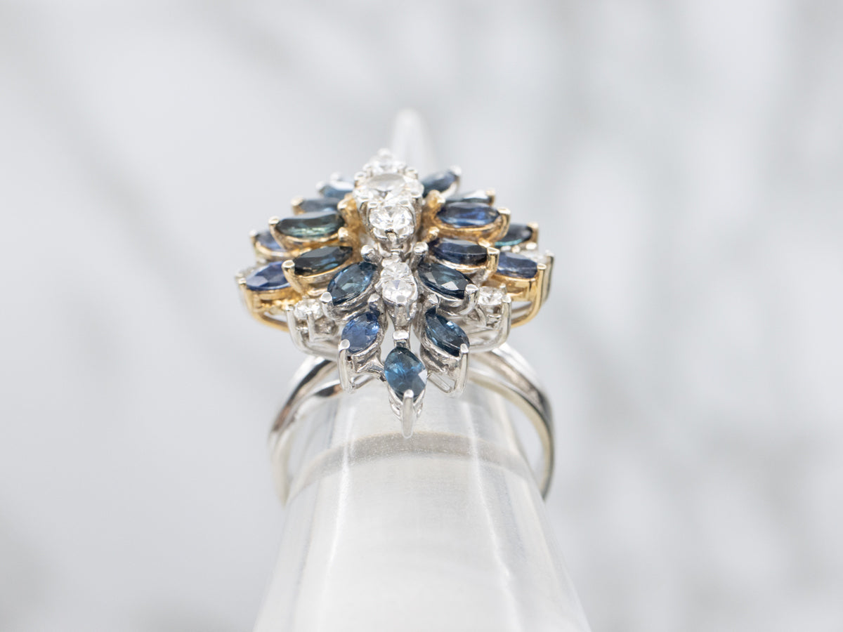 Vintage Old Mine Cut Diamond and Sapphire Cluster Cocktail Ring