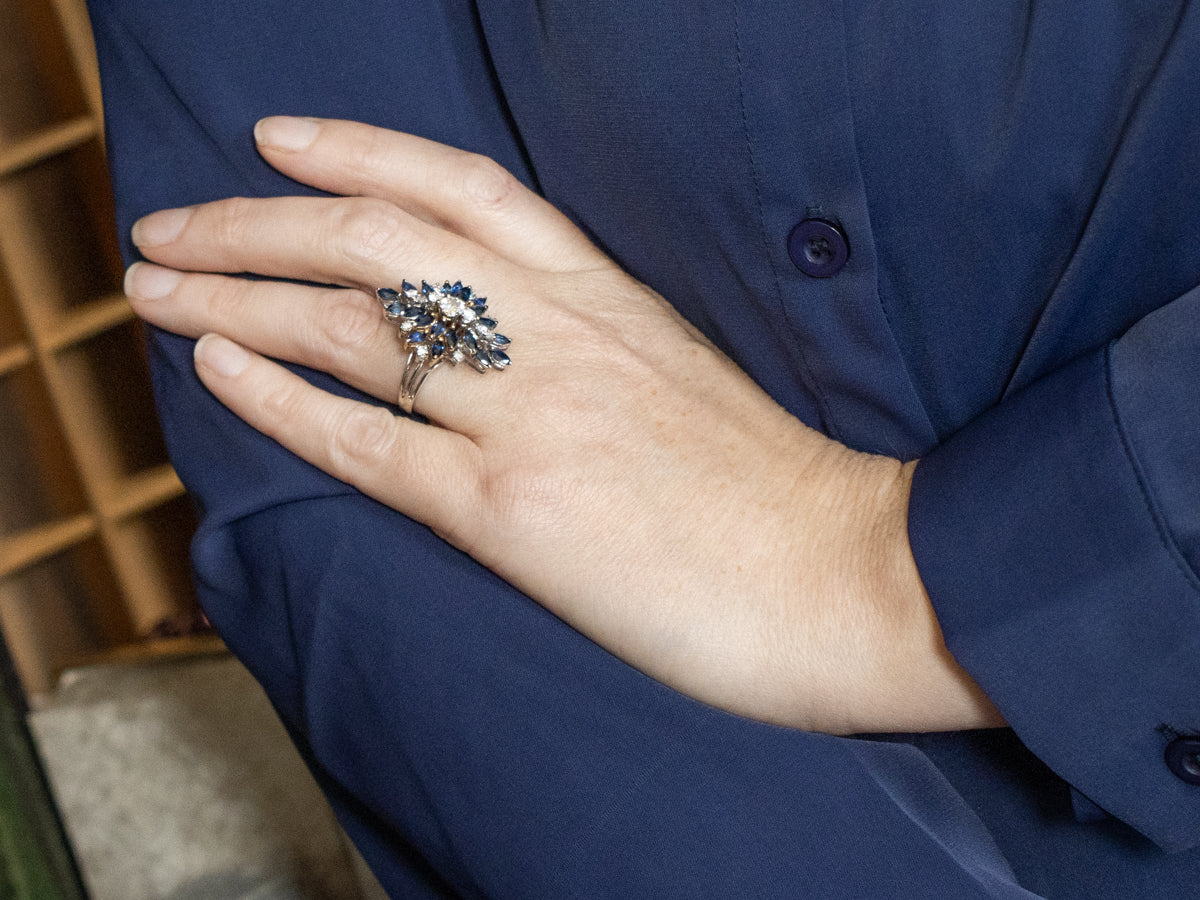 Vintage Old Mine Cut Diamond and Sapphire Cluster Cocktail Ring