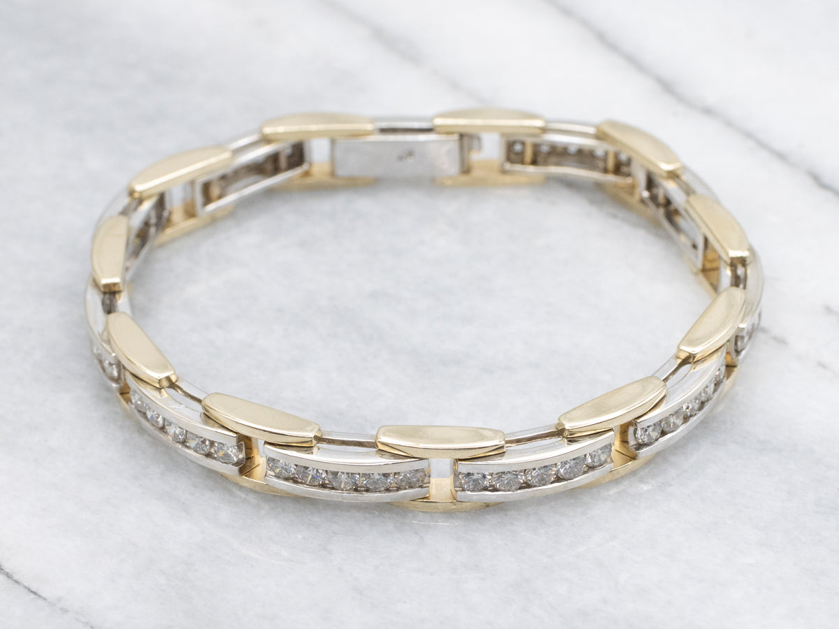 Modern Two-Tone Gold Channel Set Diamond Link Bracelet