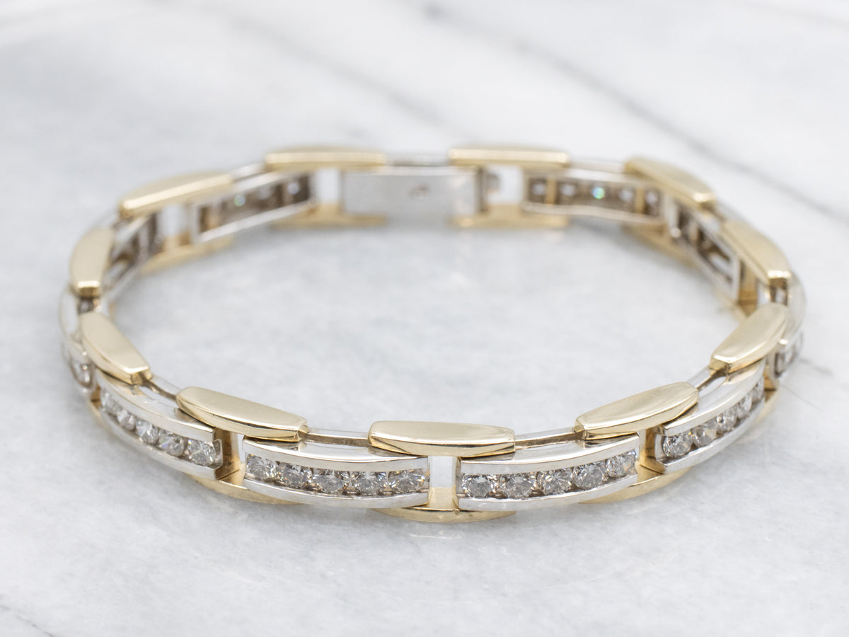 Modern Two-Tone Gold Channel Set Diamond Link Bracelet
