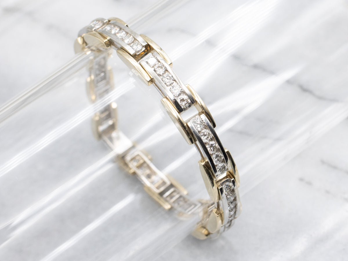 Modern Two-Tone Gold Channel Set Diamond Link Bracelet