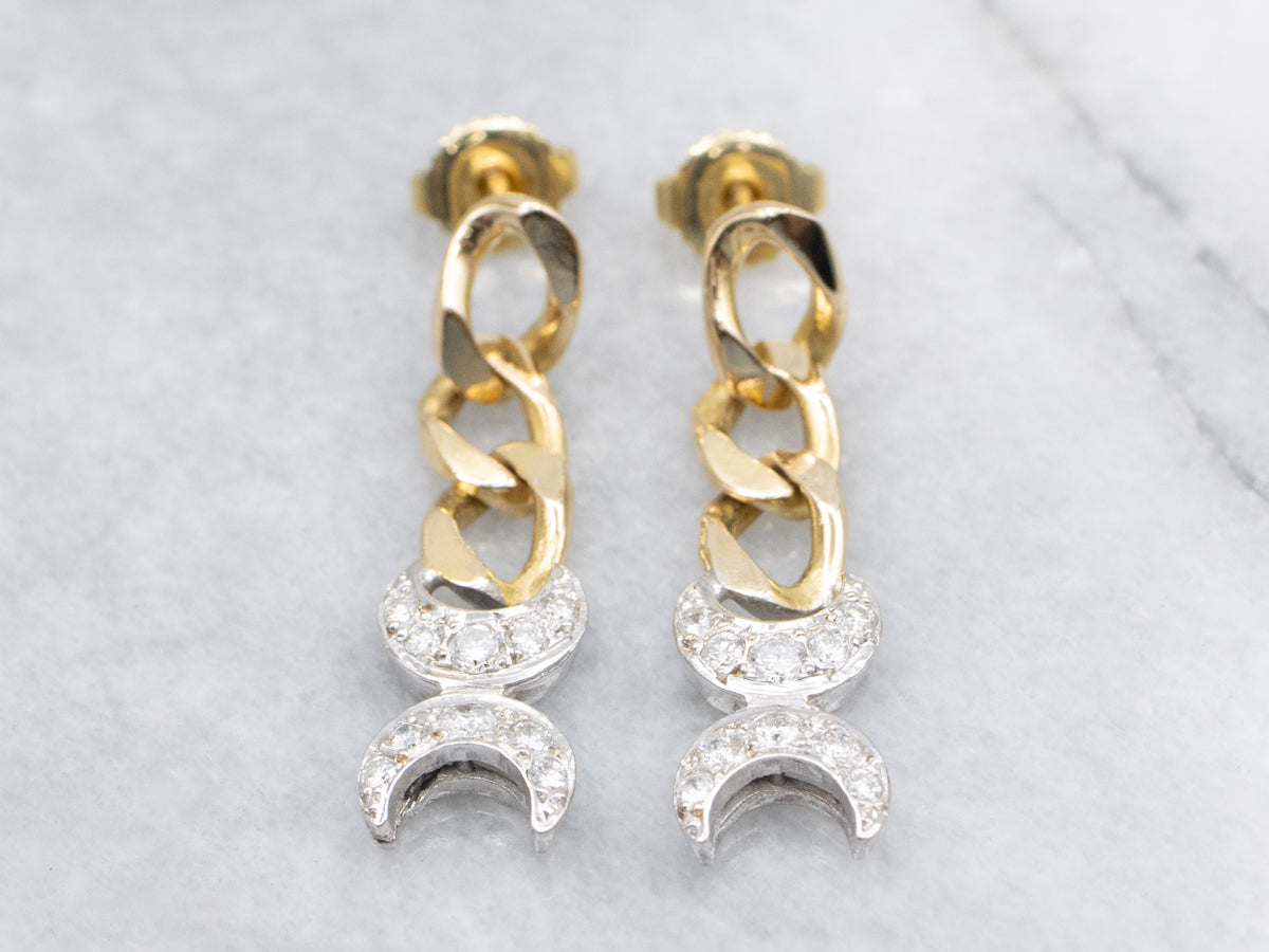 Two-Tone Gold Diamond Moon Phase Drop Earrings